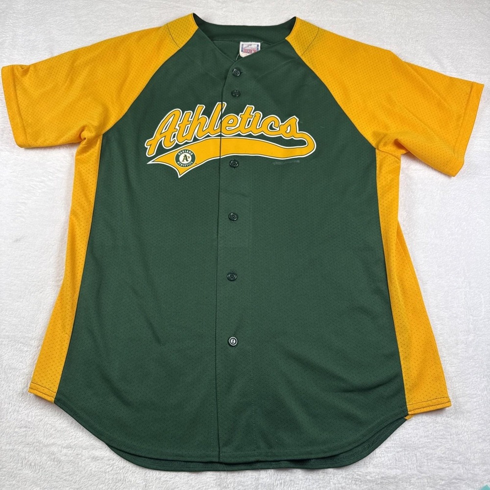Vintage Oakland Athletics Mesh Baseball Jersey Green Yellow Mens Large Button Up
